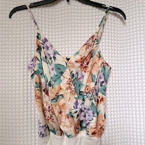 Floral print satin faux wrap cami thong bodysuit!